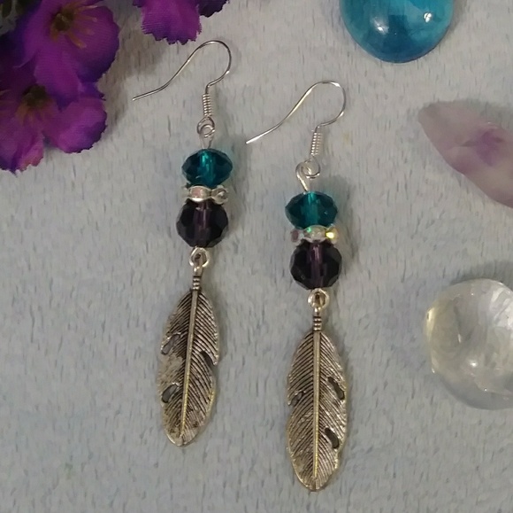 Feather Silver Charms Teal Blue Purple Earrings - Picture 3 of 3